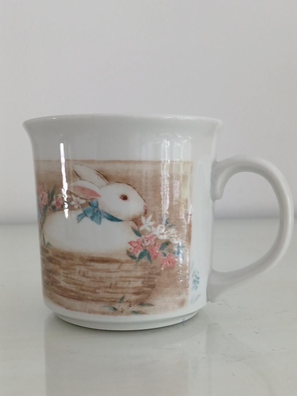 Blue Bow Bunny In Basket Florals Mug E. Brownd 10 Oz Vintage Cottagecore